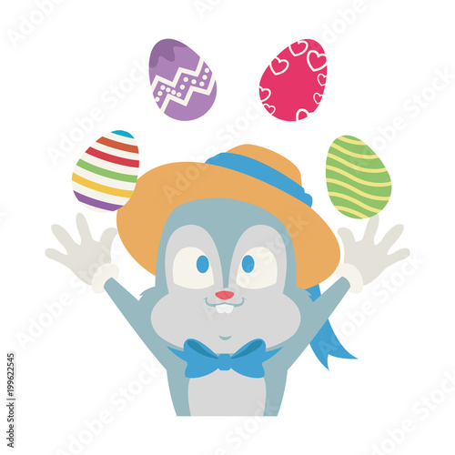 Cute rabbit joggling with easter eggs vector illustration graphic design