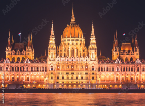View of Hungarian Parliament Building, Budapest Parliament exterior, also called Orszaghaz, with Donau river and city panorama   © tsuguliev