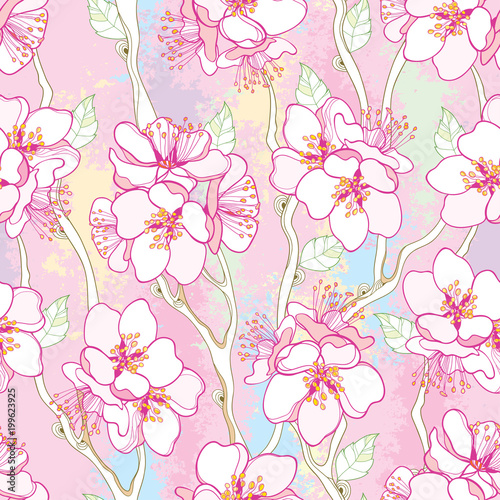 Vector seamless pattern with outline blooming Apricot flower bunch, branch and ornate leaves on the textured pastel pink background. Blossom of Apricot flowers in contour style for spring design.