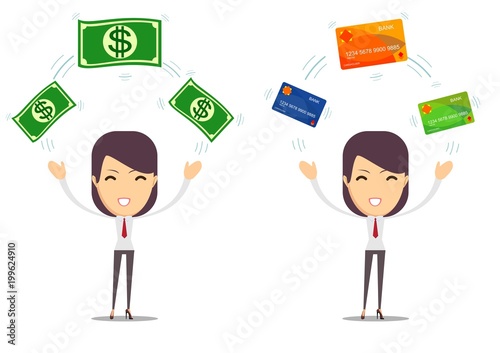 Woman with a credit card and cash. Stock flat vector illustration.