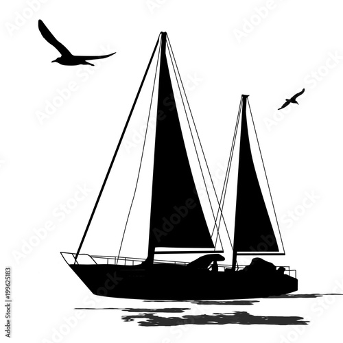 Sailing boat silhouette with birds