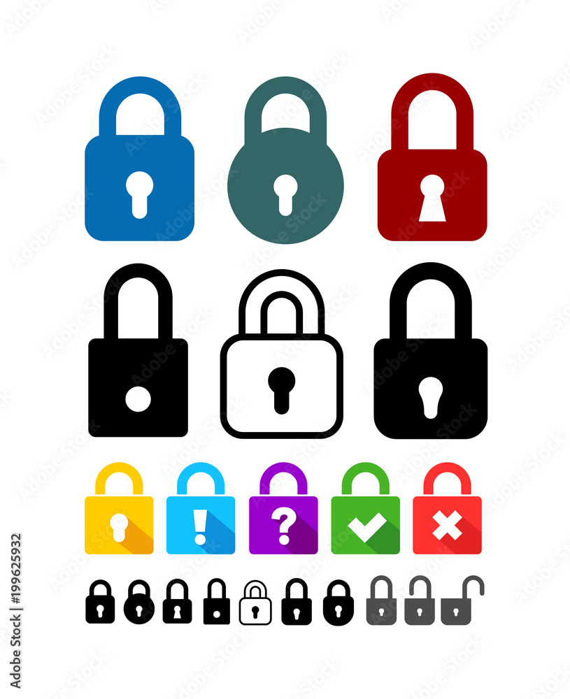 Set of Lock icon. Padlock, security safety symbol. Vector illustration. Isolated on white background Set of Lock icon. Padlock, security safety symbol. Vector illustration. Isolated on white background