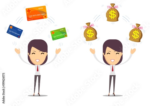 Woman with a credit card and cash on her hand. Stock flat vector illustration.