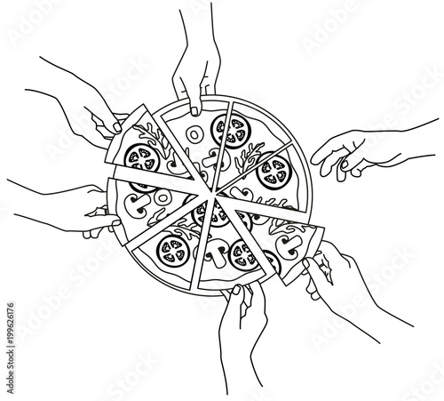 Vector Illustration from people eating pizza, hands grabbing piece of pizza. italian food delievery, Clip art in black and white outline.