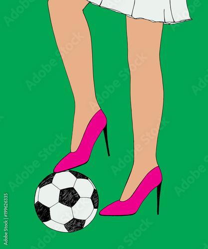 Pretty young slim girl holds soccer ball under shoe heel. Hand drawn color sketch. Conceptual vector illustration of women in sport, feminism and couple relationships henpecked