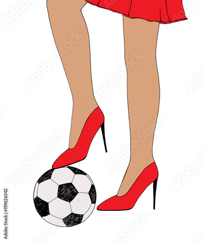 Pretty young girl holds soccer ball under shoe heel. Hand drawn color sketch. Conceptual vector illustration women in sport, feminism and couple relationships henpecked. Isolated on white background