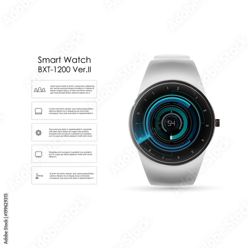 Vector realistic illustration of concept smart watch, technology functions and template text. Smart watch vector illustration.