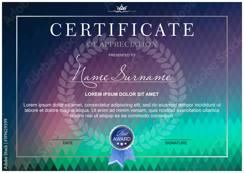 Certificate on a northern lights, abstract polygon background, from a rhombus of different colors (horizontal format)