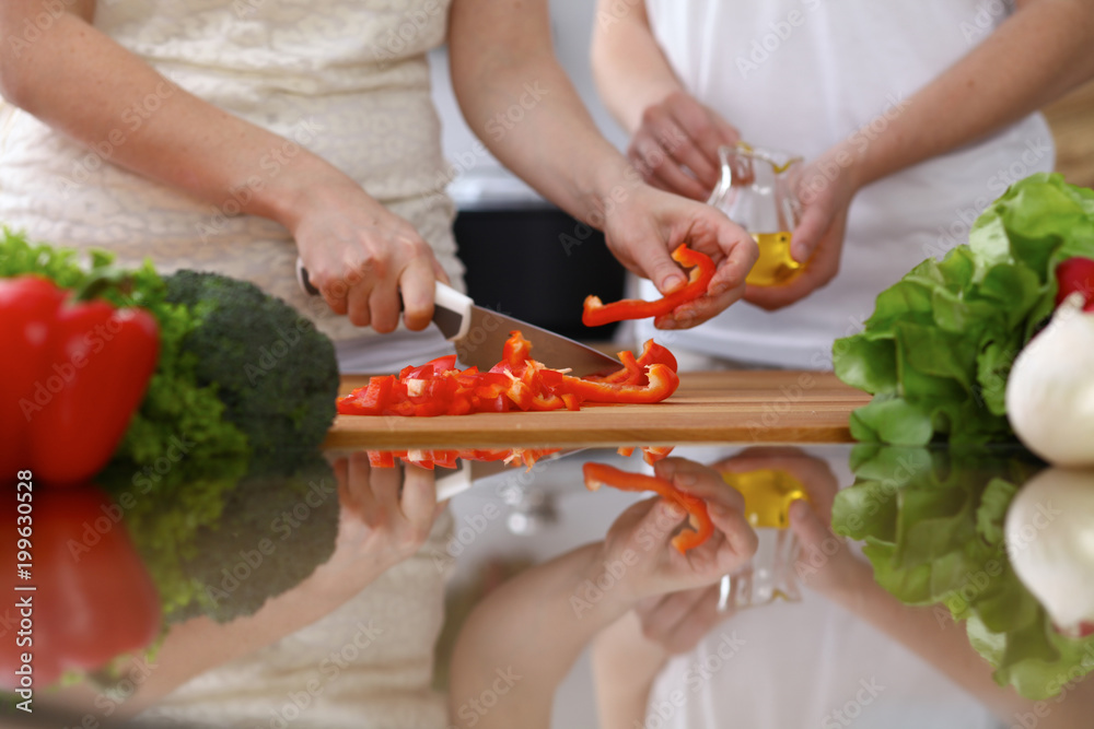 Closeup of human hands cooking in kitchen. Mother and daughter or two female cutting bell pepper for fresh salad. Healthy meal, vegetarian food and lifestyle concepts