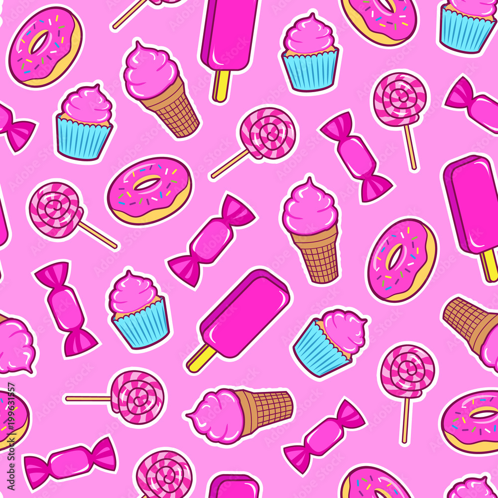 Seamless pattern with colorful patches. Stickers of sweet food: ice cream, candy, donut, cupcake etc on pink background. Fashion cool patches and stickers. Vector illustration Seamless pattern with colorful patches. Stickers of sweet food: ice cream, candy, donut, cupcake etc on pink background. Fashion cool patches and stickers. Vector illustration
