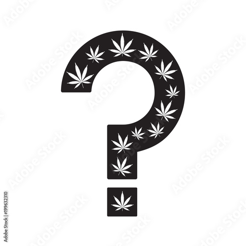 Marijuana Questions. Question mark made from cannabis leaves on a white background. Question mark as a metaphor for uncertainty for medical use and legal issues. Isolated vector.
