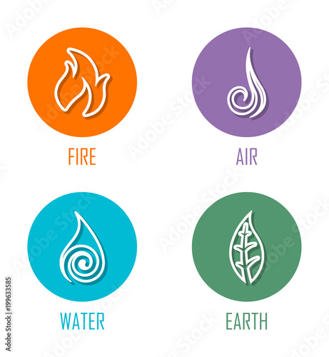 Abstract Four Elements (Fire, Air, Water, Earth) Line Symbols On Circles