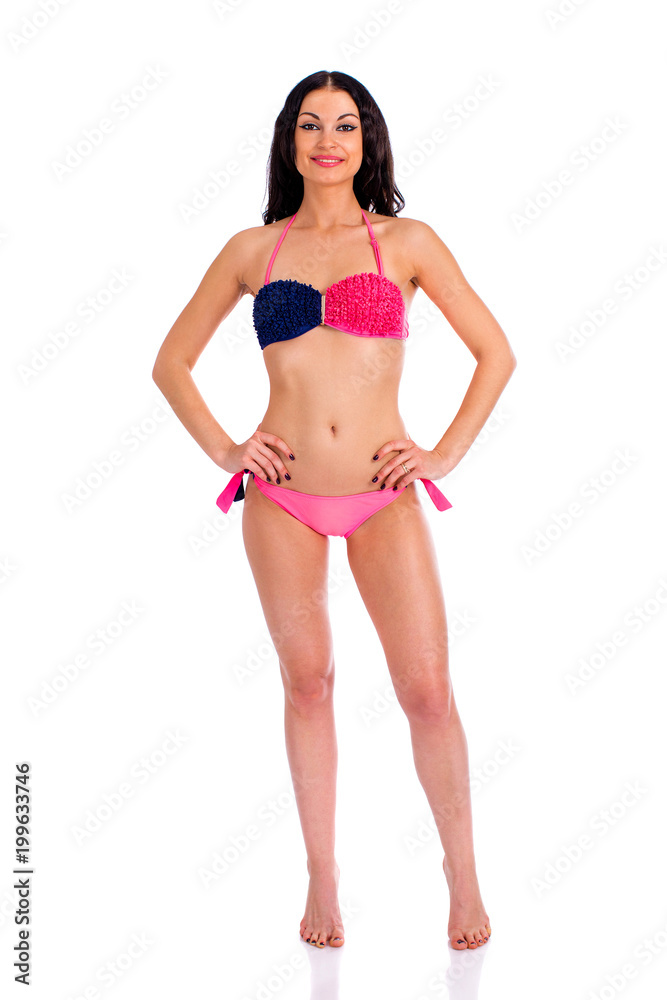 Snap model. Full length portrait of young woman wearing pink and blue bikini Snap model. Full length portrait of young woman wearing pink and blue bikini