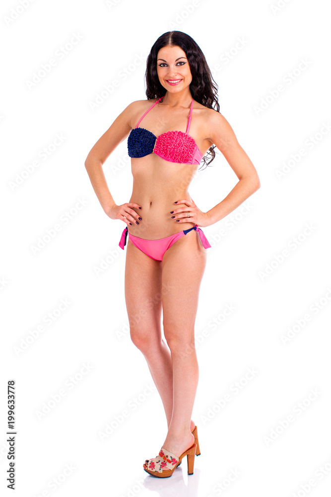 Snap model. Full length portrait of young woman wearing pink and black bikini Snap model. Full length portrait of young woman wearing pink and black bikini