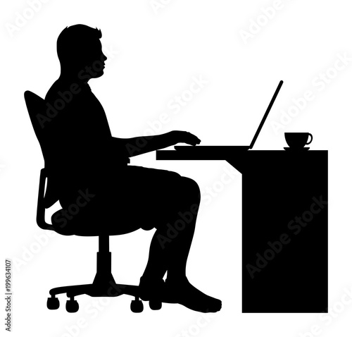 Man Sitting In An Office Chair At Desk With Laptop And Coffee Cup Silhouette