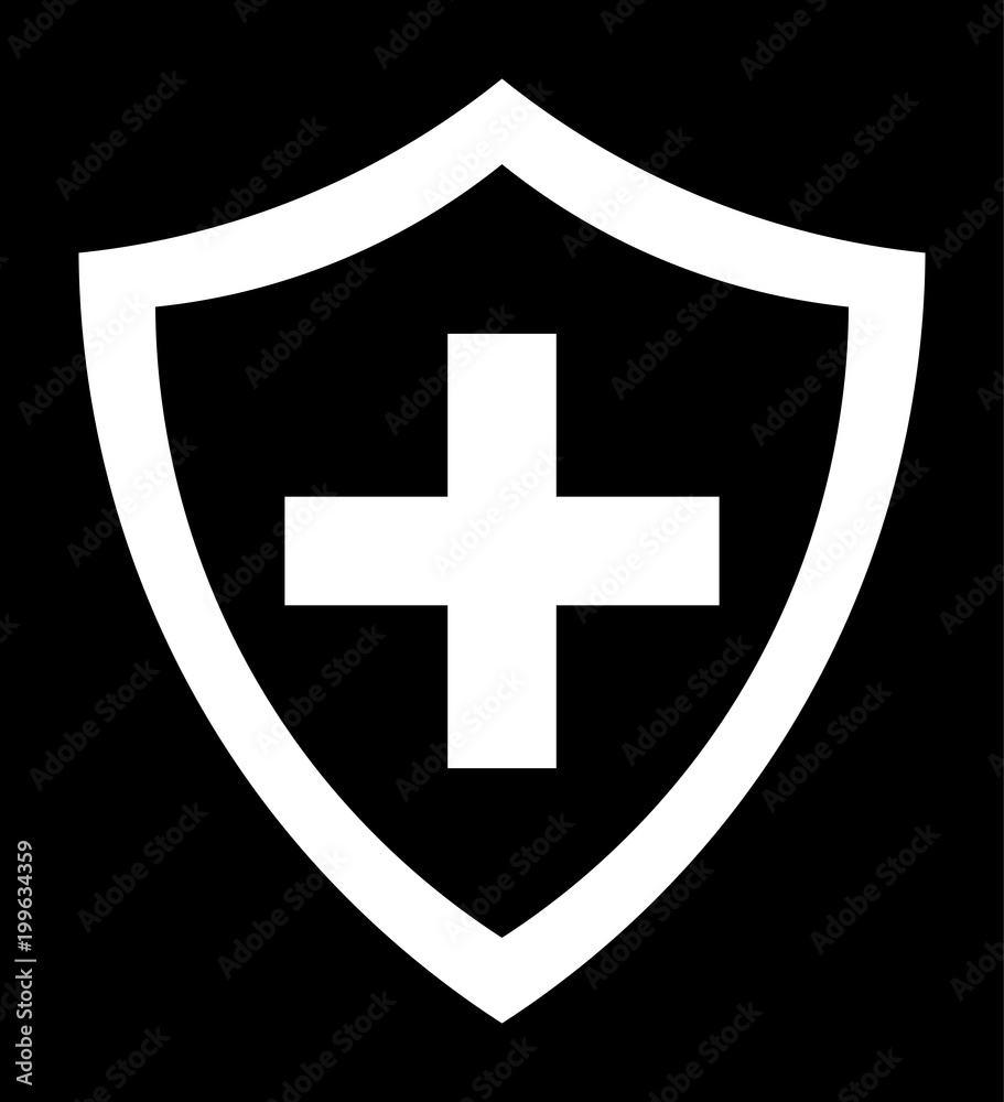 White Immune System (Cross In A Shield) Icon With Transparent Center On Black Background White Immune System (Cross In A Shield) Icon With Transparent Center On Black Background
