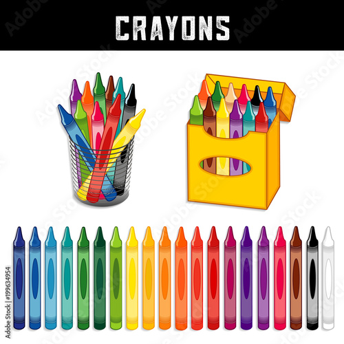 Crayons Collection, Twenty Rainbow Colors,  box of crayons, desk organizer, for school, home, office, art and craft projects, scrapbooks, isolated on white background. 