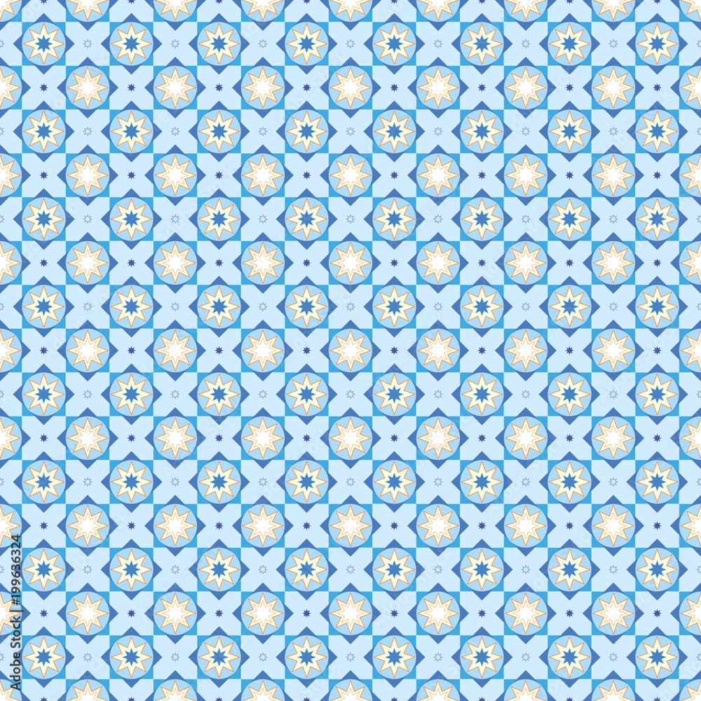 Beautiful geometric seamless pattern in shades of blue with yellow highlights. The pattern consists of stars, circles and rectangles. Suitable for covers of notepads, for prints on clothes.
