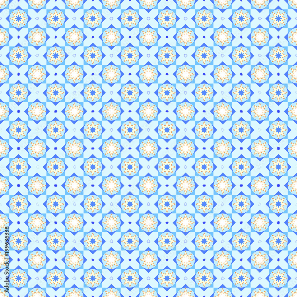 Beautiful geometric seamless pattern in shades of blue with yellow highlights. The pattern consists of stars, circles and rectangles. Suitable for covers of notepads, for prints on clothes. Vector.
