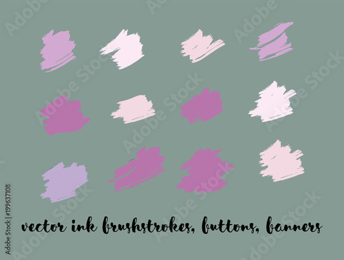 Graphic Hand Drawn Vector Banner Set. Blue, Pink, Purple Logos, Paint Brush Lipstick Smears. Modern Textured Ads Background, Artistic Paintbrush Doodles. Rich VIP Fashion Ink Vector Banners Set.