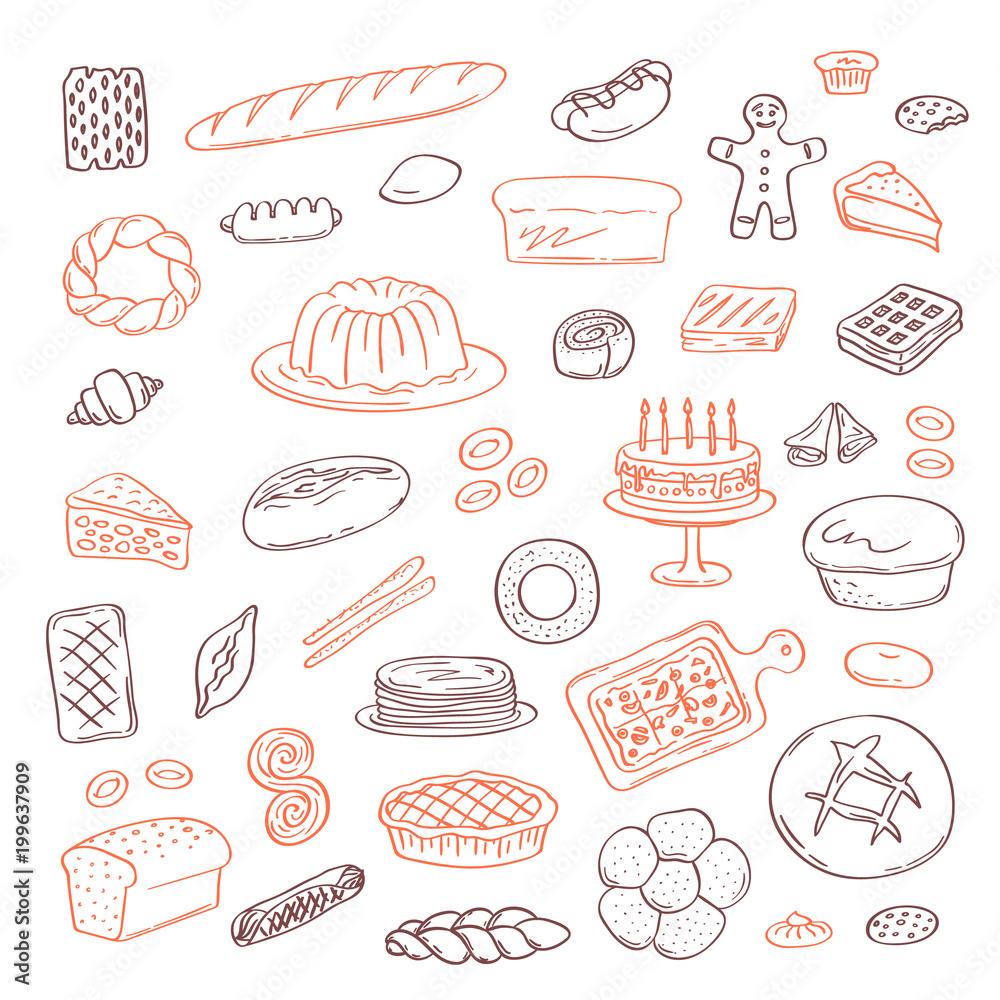 Vector hand drawn doodle bakery elements set isolated on white background Vector hand drawn doodle bakery elements set isolated on white background