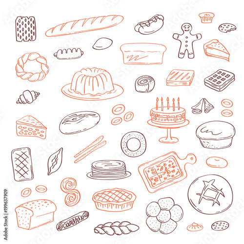 Vector hand drawn doodle bakery elements set isolated on white background