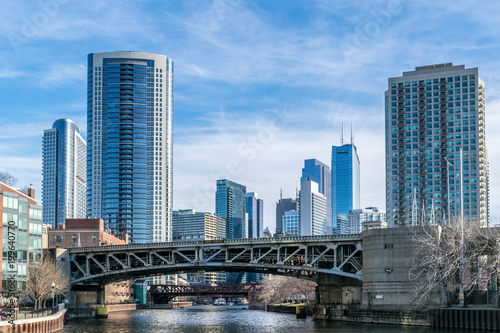 Buildings reflecting in Chicago river