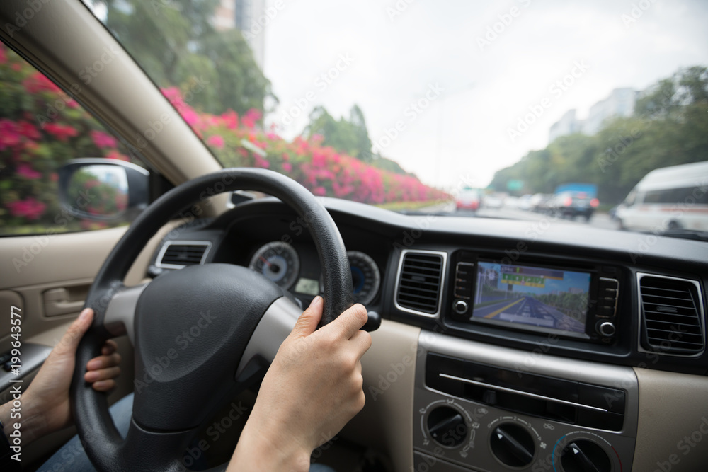 driving car on city street use gps navigation driving car on city street use gps navigation