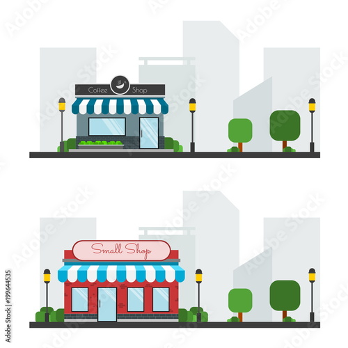 Coffee shop & Small shop in town background vector icon set