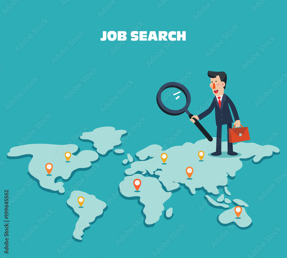 Businessman holding magnifying glass over world map. International collaboration, finding professional employees, new business start-up and business travel vector concept Businessman holding magnifying glass over world map. International collaboration, finding professional employees, new business start-up and business travel vector concept