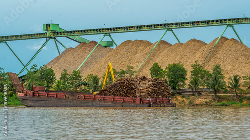 wood chip stockpile factory on Mahakam riverbank. industrial background