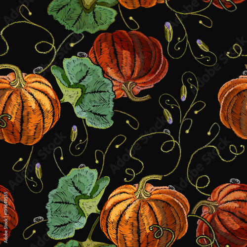 Embroidery pumpkin seamless pattern. Template for clothes, t-shirt design. Orange pumpkin beautiful classical embroidery food pattern