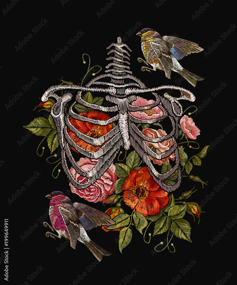 Gothic embroidery skeleton ribs, birds and flowers. Fashionable clothes,  t-shirt design, beautiful flowers, renaissance style vector. Embroidery  human rib cage with red roses and titmouse Stock Vector | Adobe Stock