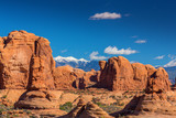 Summer scenery in Arches National Park, Utah, with red rock formations and clear blue sky