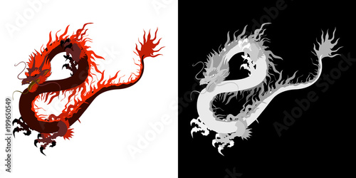 A classic Chinese Asian dragon isolated object is shown in two varieties of red and black and white.