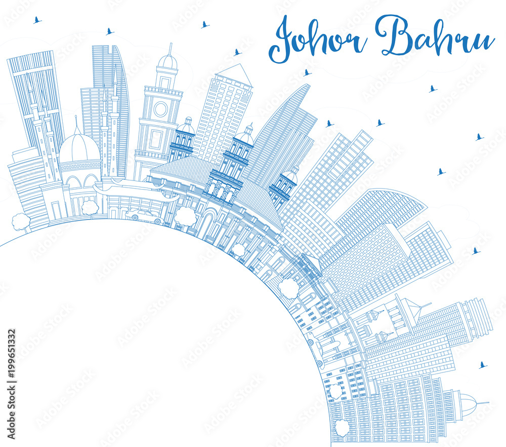 Outline Johor Bahru Malaysia Skyline with Blue Buildings and Copy Space.