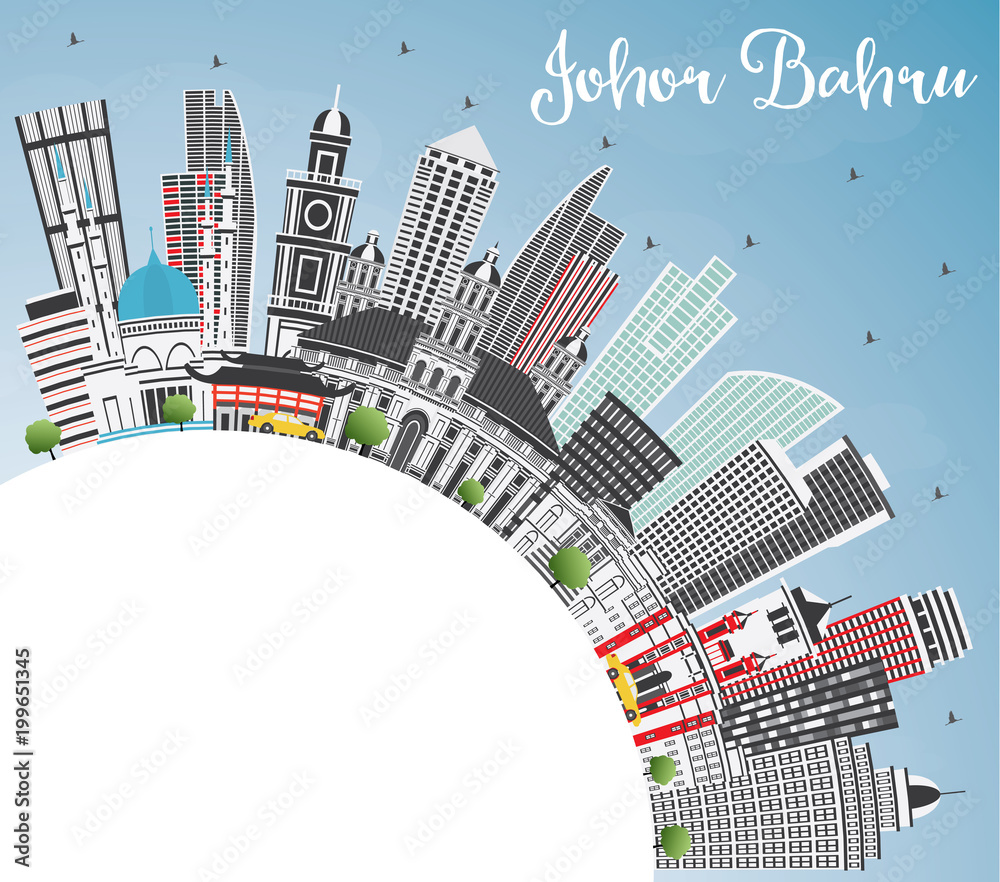 Johor Bahru Malaysia Skyline with Gray Buildings, Blue Sky and Copy Space.