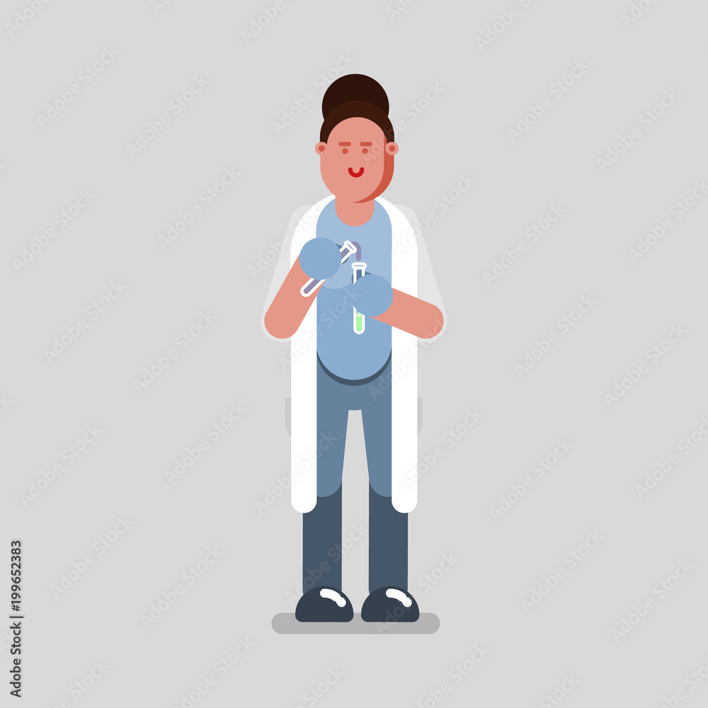 Woman pharmacist pours from one test tube Woman pharmacist pours from one test tube