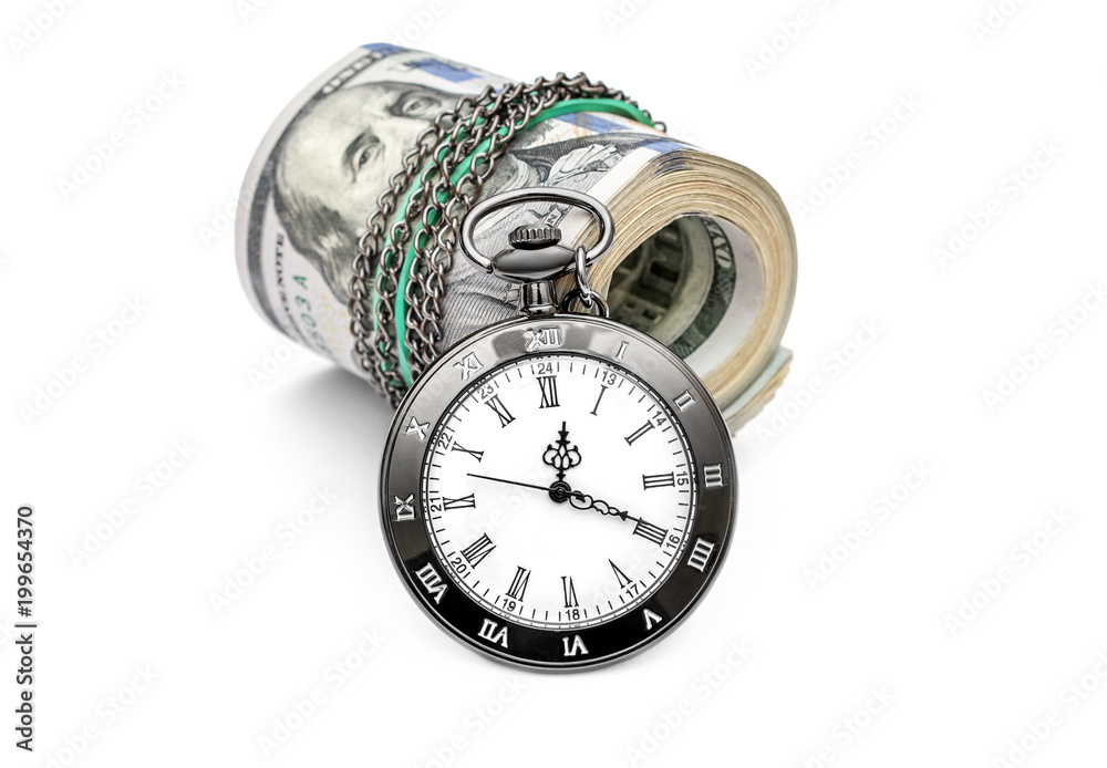 Rolled up dollar bills with pocket watch on white.
