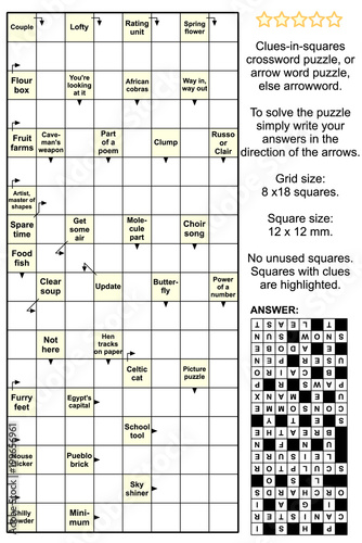 Clues-in-squares crossword puzzle, or arrow word puzzle, else arrowword. Real size, answer included.
