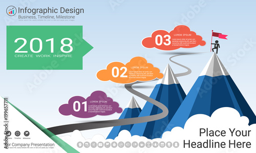 Business infographics template, Milestone timeline or Road map with Process flowchart 3 options, Strategic plan to define company values, Scheduling in project management to make facts and statistics.