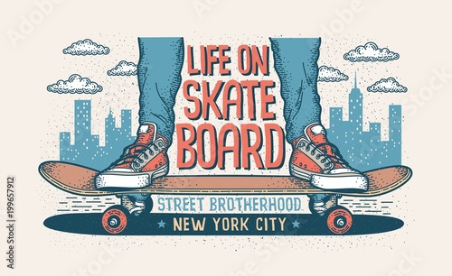 Skateboarding hipster handcrafted illustration with legs in classic sneakers