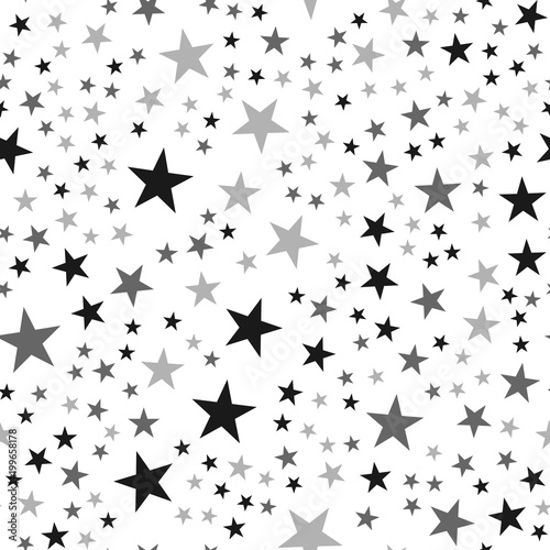 Black stars seamless pattern on white background. Amazing endless random scattered black stars festive pattern. Modern creative chaotic decor. Vector abstract illustration.