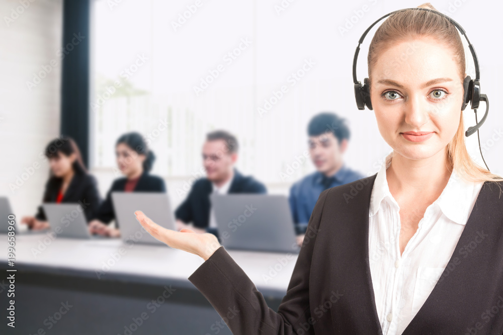 Beautiful businesswoman customer support services working at call center