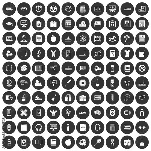 100 learning kids icons set black circle