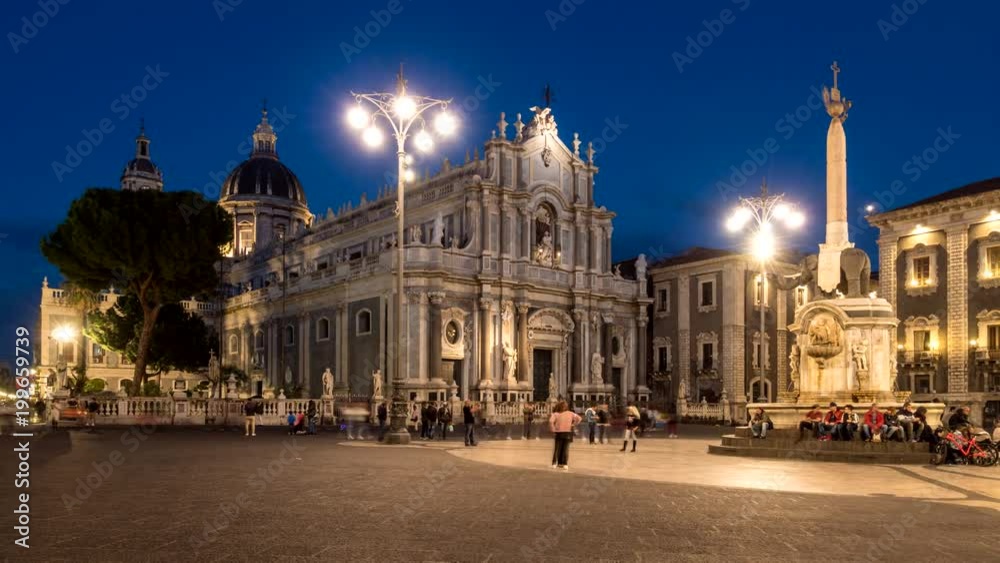 Piazza Duomo (Cathedral Square) in Catania, Sicily, Italy. Time lapse shot after sunset. 4K, UHD Piazza Duomo (Cathedral Square) in Catania, Sicily, Italy. Time lapse shot after sunset. 4K, UHD
