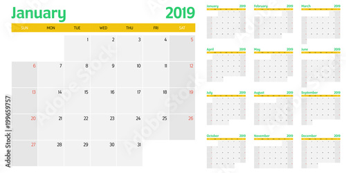 Calendar planner 2019 template vector illustration all 12 months week starts on Sunday and indicate weekends on Saturday and Sunday