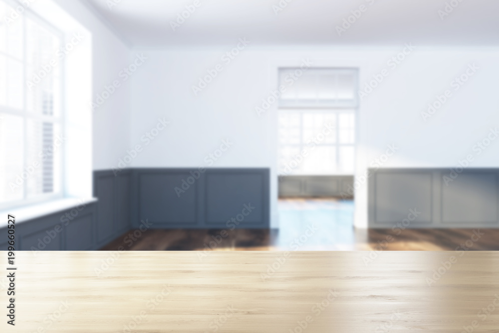 White and gray empty room, doorway blur White and gray empty room, doorway blur