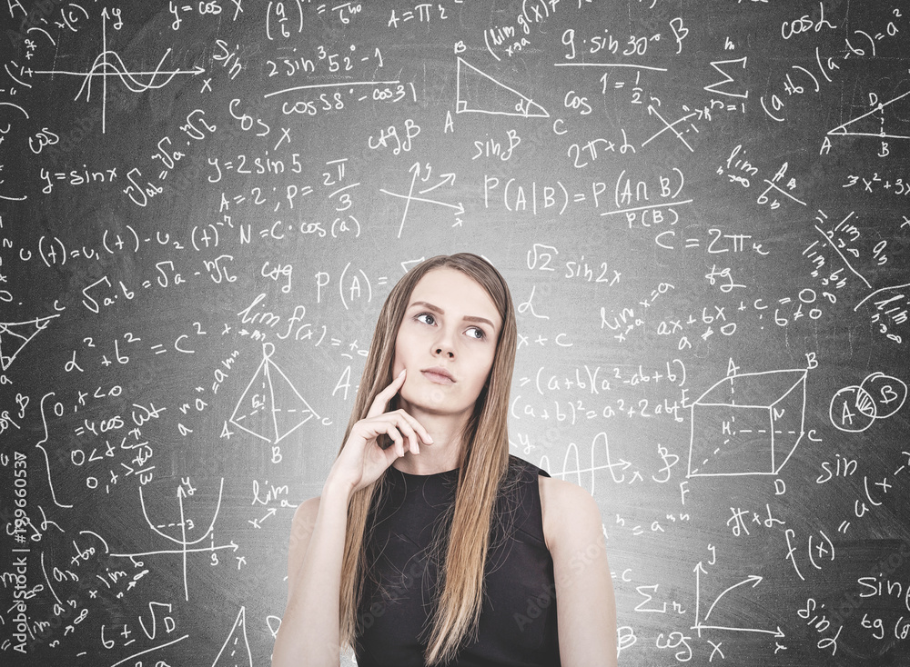 Pensive blonde woman, formula