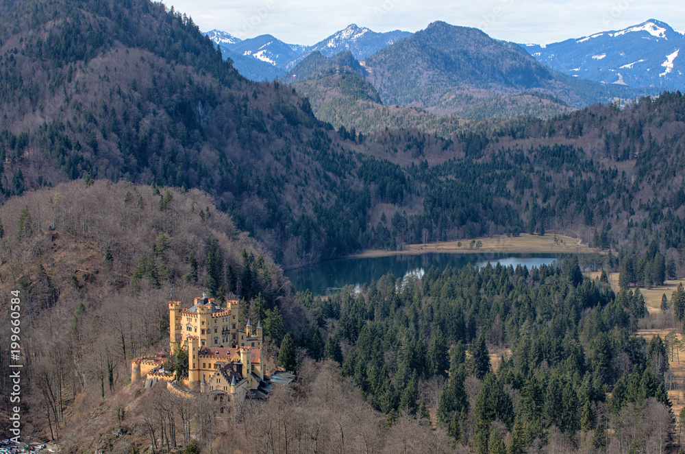 German Alps during early spring. Landscape with Bavarian Alps with view of Hohenschwangau castle near town of Fussen